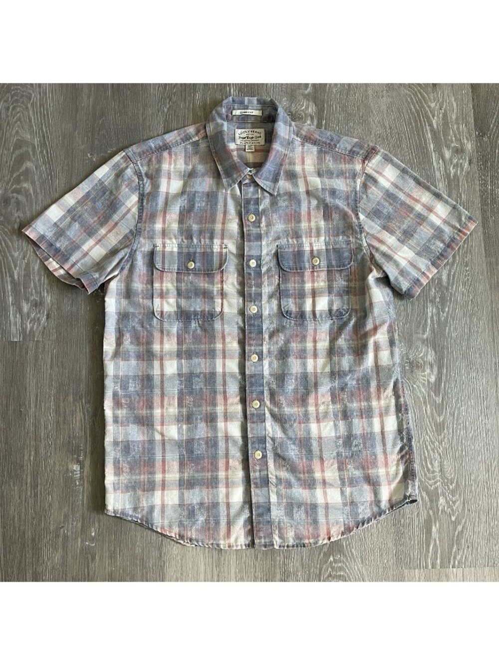 Men's LUCKY BRAND Sugar Magic Plaid Short Sleeve Button Down Shirt S Blue Red